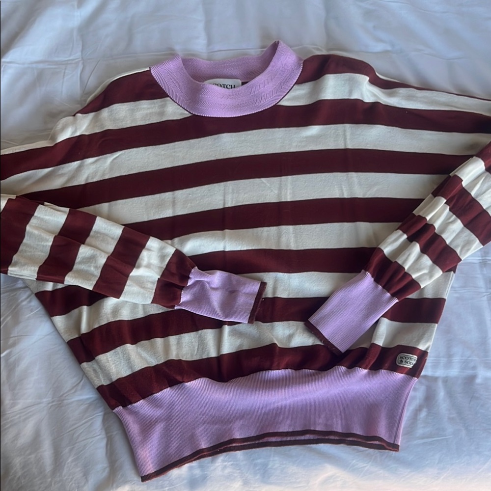 Scotch and Soda Striped Burgundy and Cream Sweater with Pink Accent